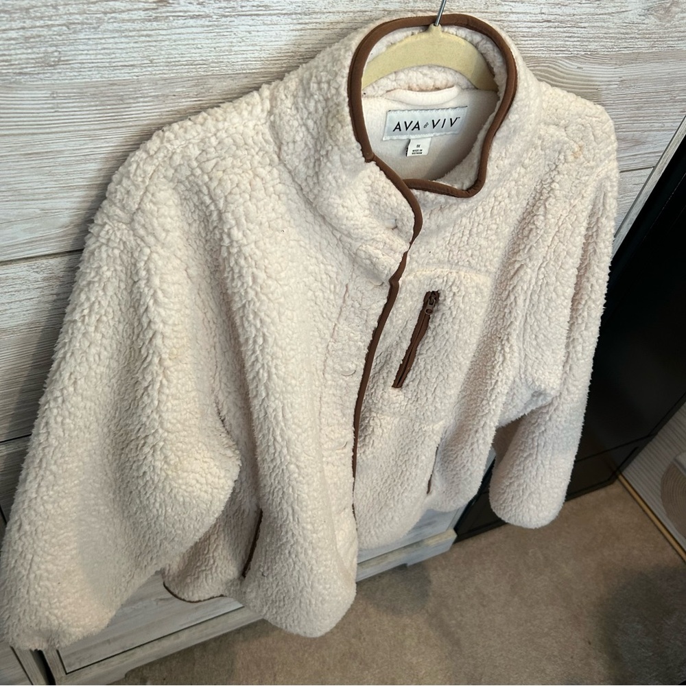 Ava Viv Sherpa Beige Jacket Waist Length Snap Close Mock Neck Womens Plus 1X - Picture 3 of 5